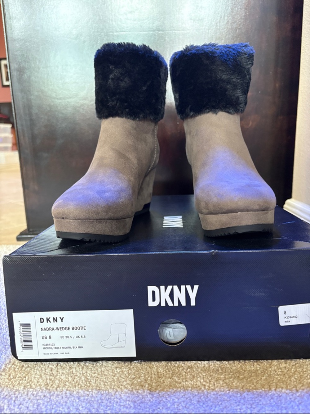 DKNY Taupe Suede Wedge Ankle Booties with Black Faux-Fur Cuff